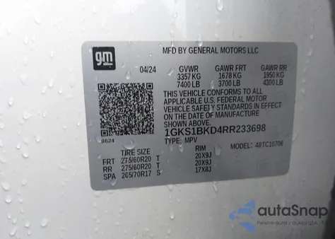 2024 GMC Yukon 2Wd Slt z USA, uszkodzony, nr VIN 1GKS1BKD4RR233698